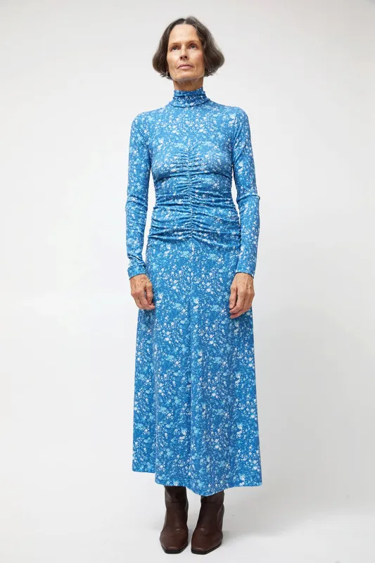 NOMIA Shirred Long Sleeve Turtleneck Dress in Cyan made by NOMIA