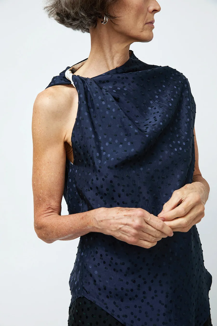 NOMIA Twist Shoulder Top in Navy Dot Satin sold by No. 6 product image thumbnail 2