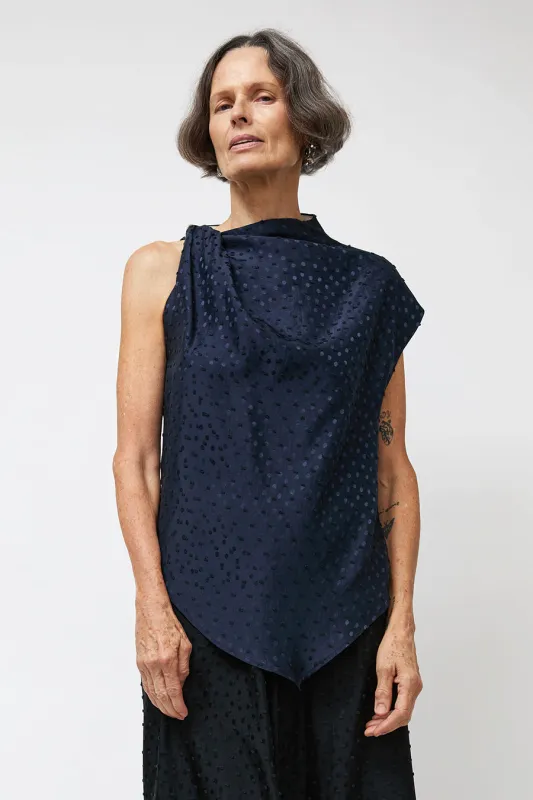 NOMIA Twist Shoulder Top in Navy Dot Satin made by NOMIA