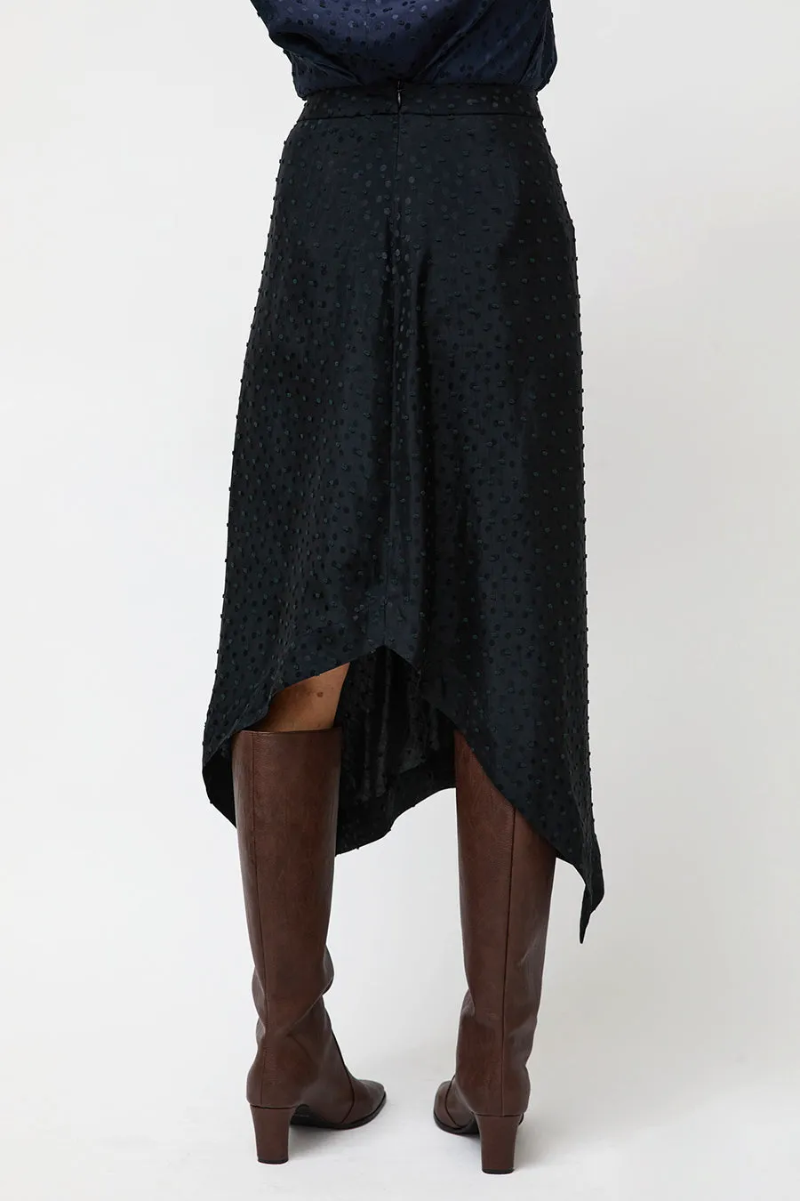 NOMIA A Line Asymmetric Skirt in Black Dot Satin sold by No. 6 product image thumbnail 5