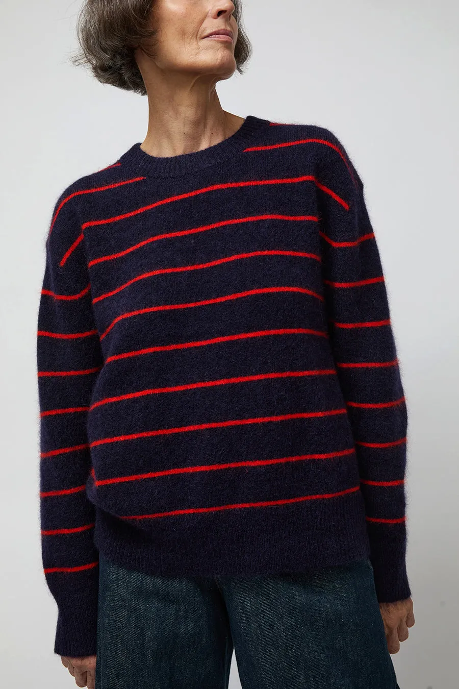 Ali Golden Oversized Mohair Pullover in Navy and Poppy Stripe sold by No. 6