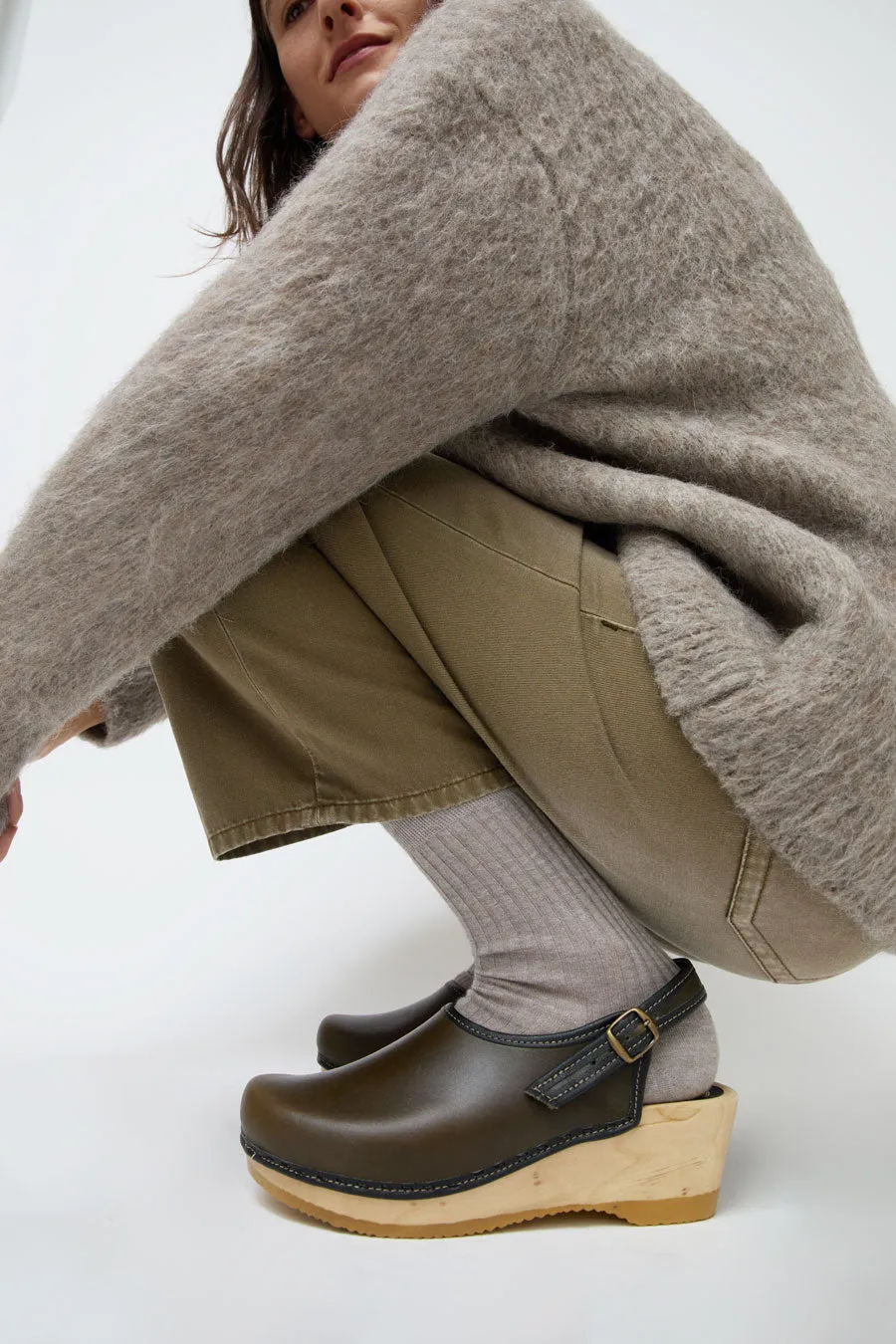 No.6 Daisy Clog on Mid Wedge in Army with Black sold by No. 6