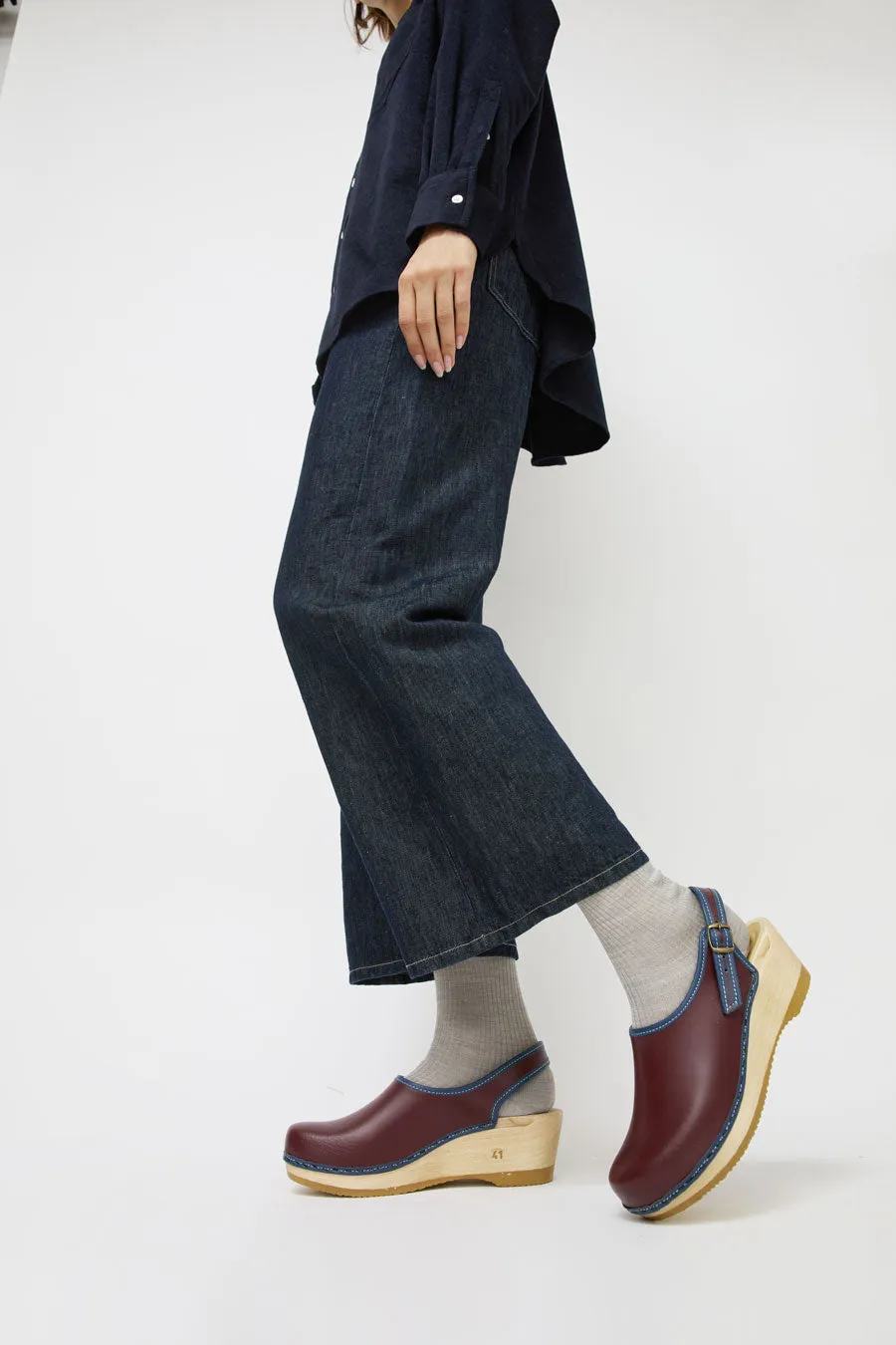 No.6 Daisy Clog on Mid Wedge in Maroon with Blue sold by No. 6