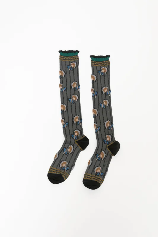 Exquisite J Long Carnation Flower Socks in Charcoal made by Exquisite J