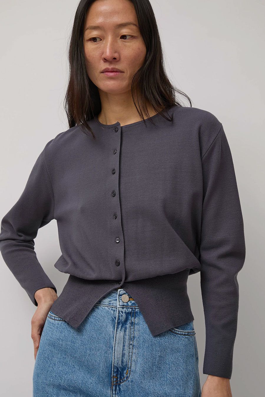 Amomento Round Sleeve Shirred Cardigan in Dark Navy sold by No. 6