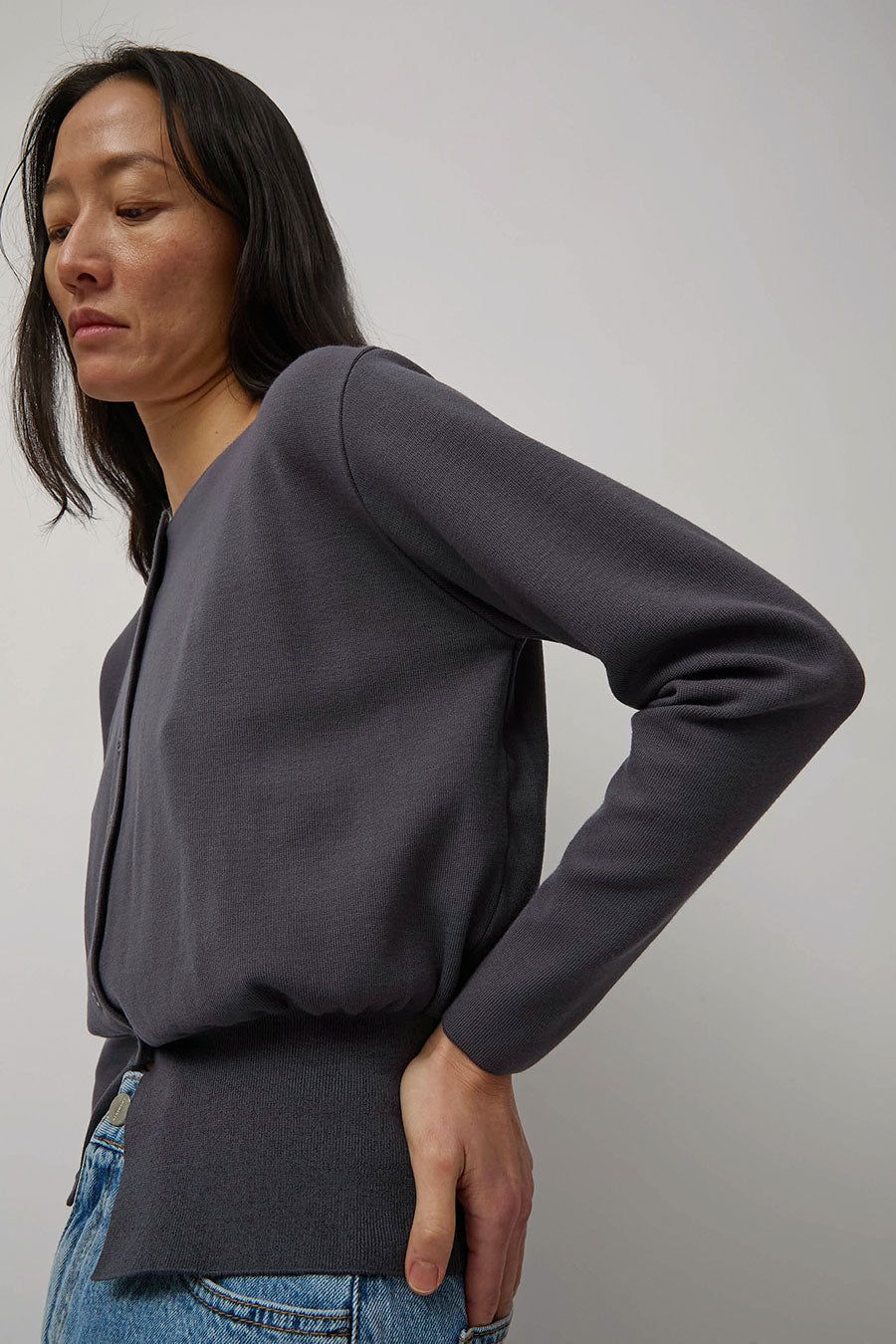 Amomento Round Sleeve Shirred Cardigan in Dark Navy sold by No. 6 product image thumbnail 3