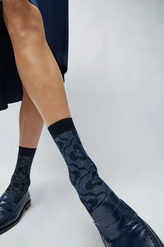 Maria La Rosa Floral Jacquard Mid Calf Socks in Navy sold by No. 6