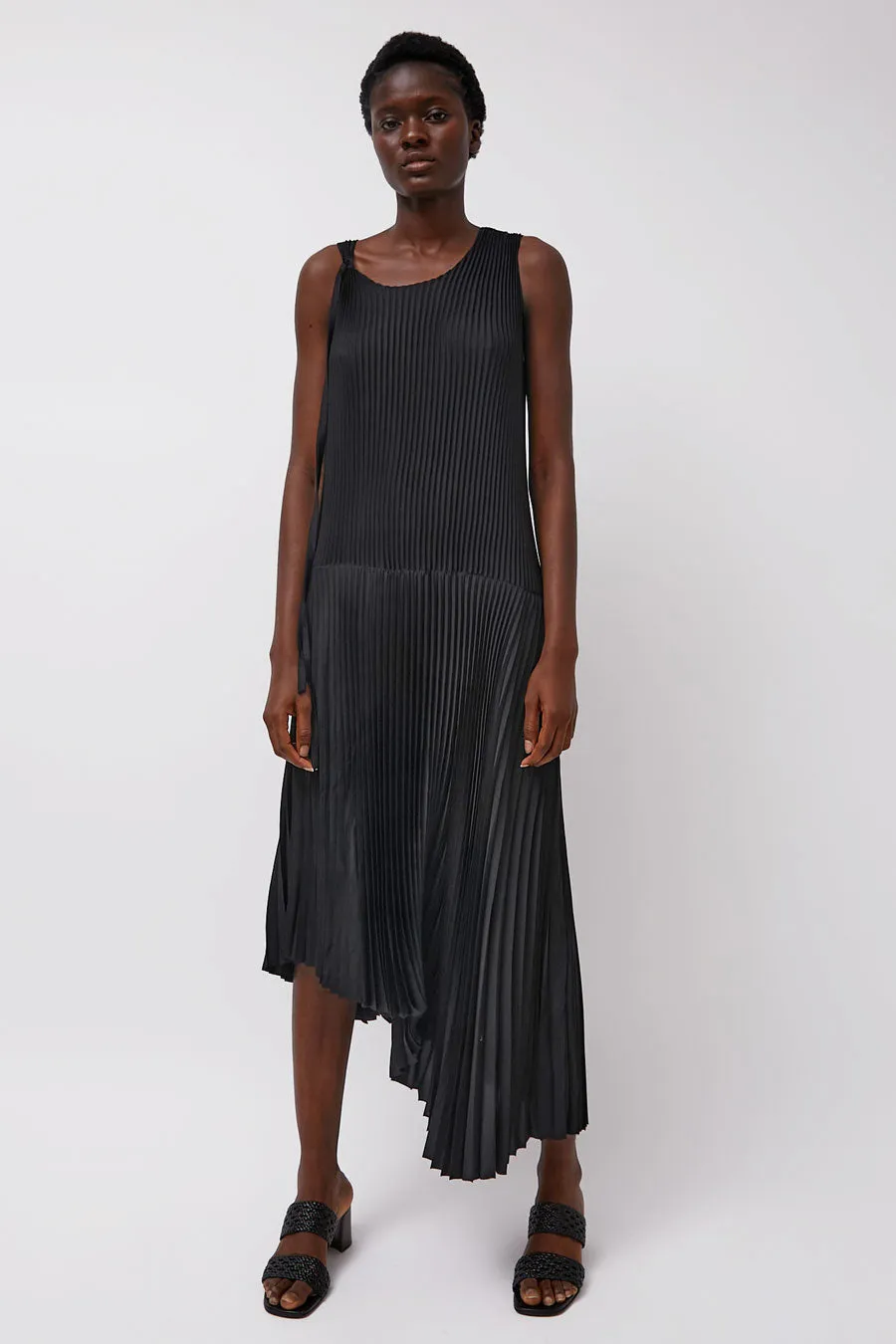 Marios Pleated Asymmetric Sleeveless Dress in Black sold by No. 6