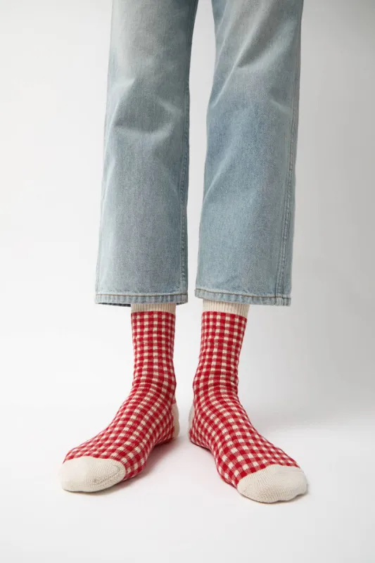 Rototo Gingham Check Socks in Red sold by No. 6