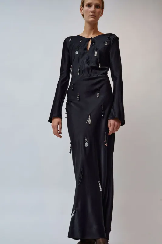 INSHADE Bias Cut Satin Maxi Dress with Pendants in Black made by No. 6