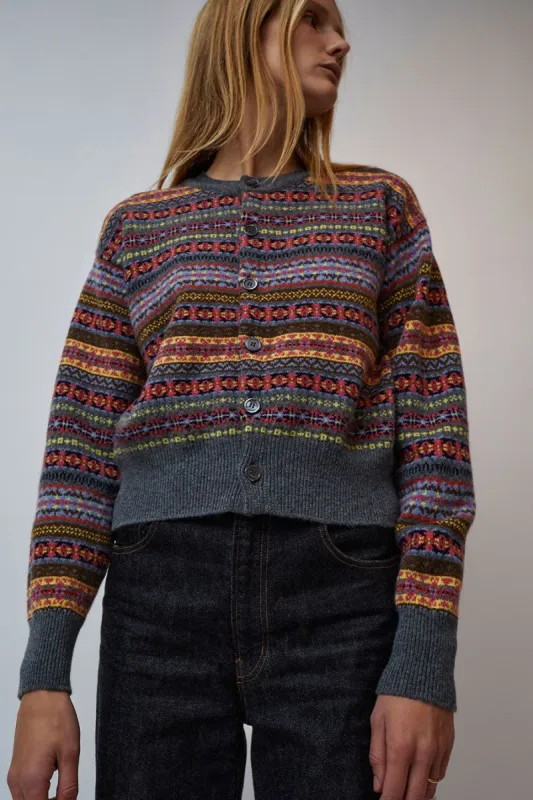 & Daughter Ada Fairisle Geelong Crewneck Cardigan in Grey Multi sold by No. 6