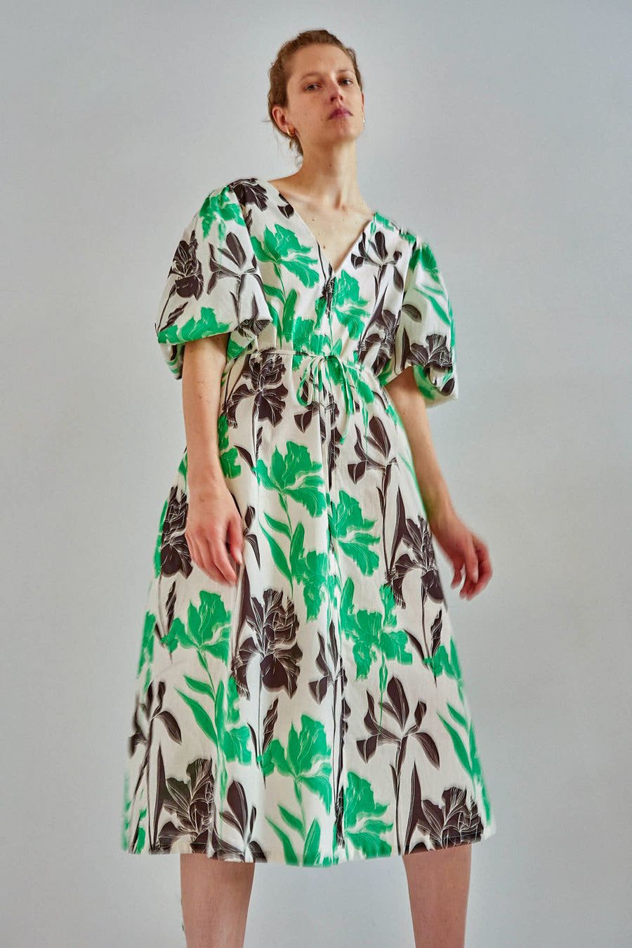 No.6 Lilah Dress in Cream and Emerald Tulips sold by No. 6
