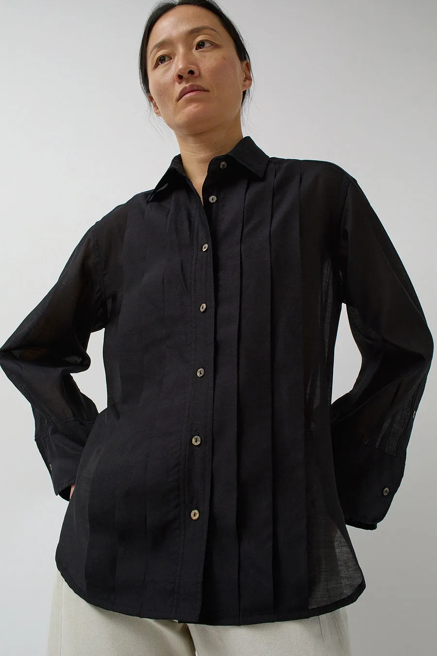 NYMANE Pleated Hutton Shirt in Black sold by No. 6
