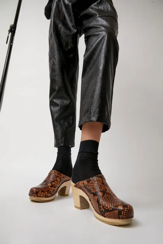 No.6 Old School Clog on High Heel in Brown Snake sold by No. 6