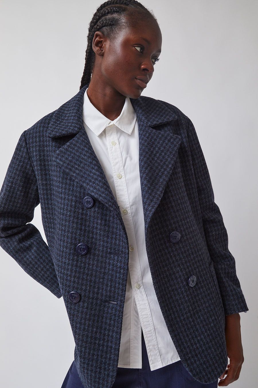Heather Harlan Peacoat in Navy and Slate Houndstooth sold by No. 6