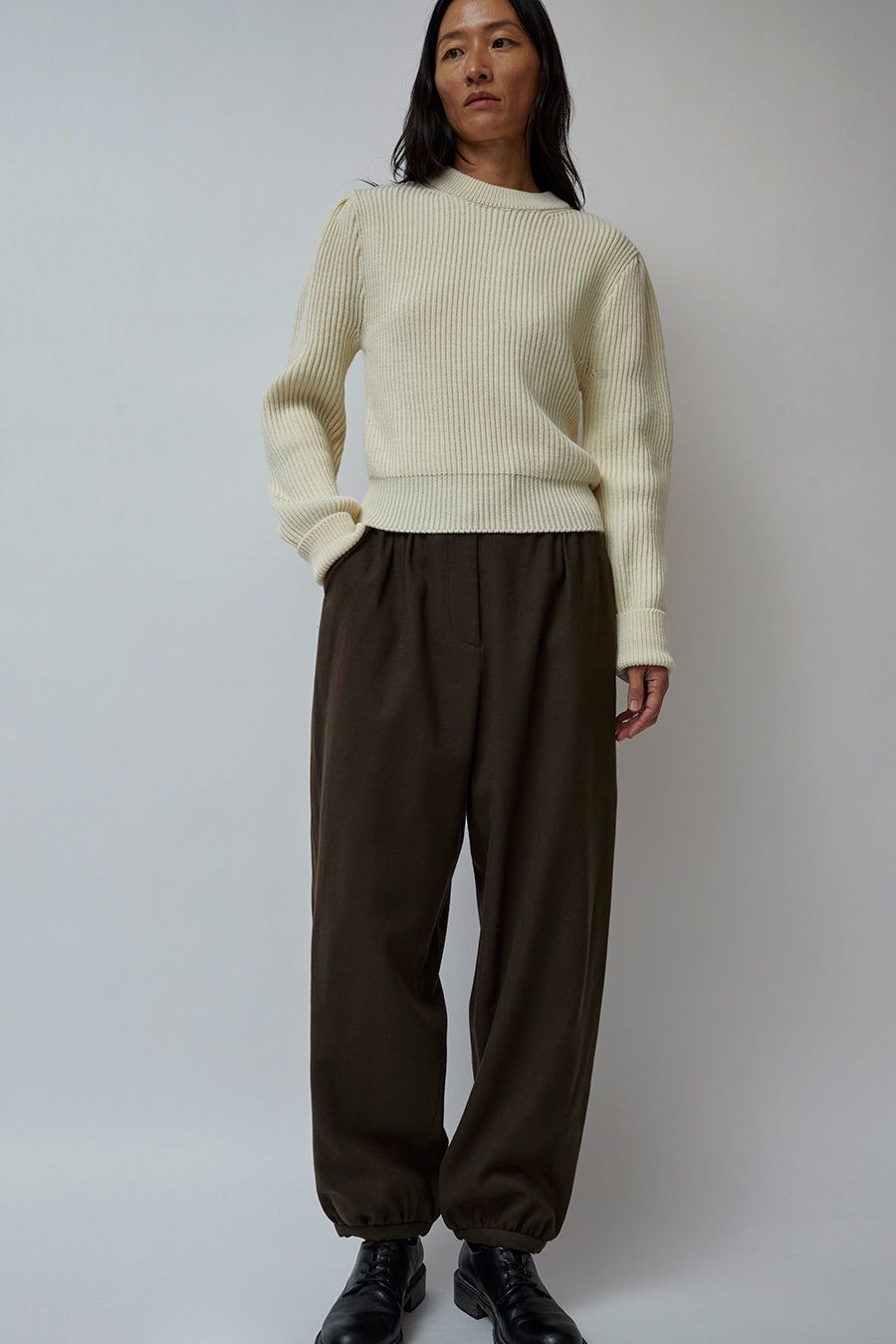Amomento Wool Shirring Pants in Khaki sold by No. 6