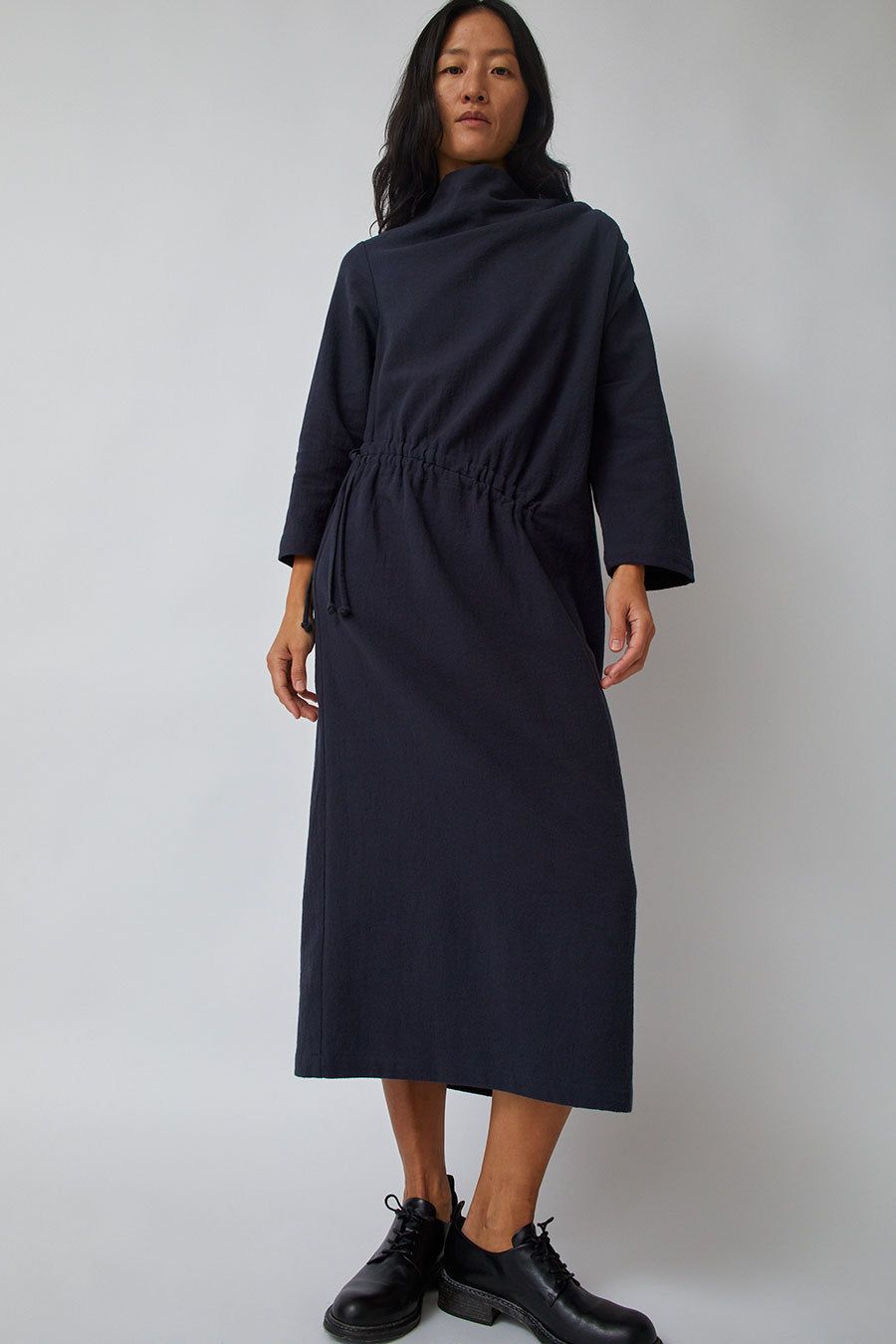 Black Crane Ruched Dress in Dark Navy sold by No. 6