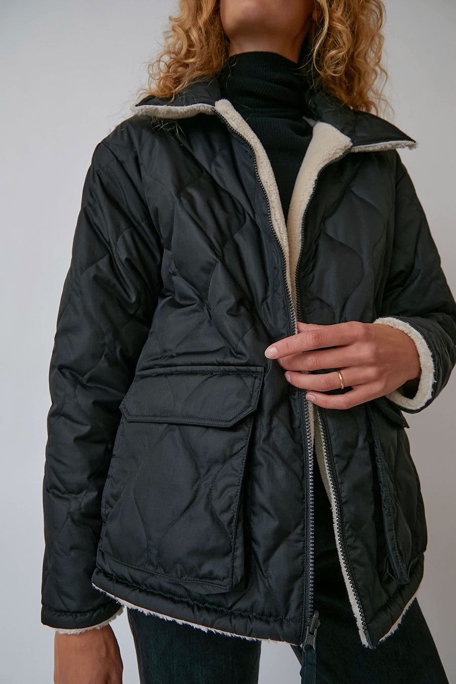 TAION Military Reversible Bal Collar Down Jacket in Black with Cream Fleece sold by No. 6 product image thumbnail 4