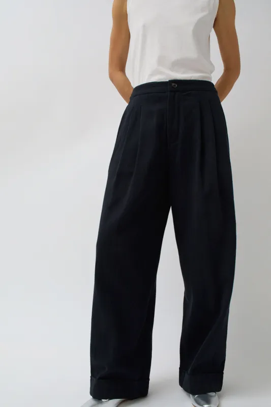 NYMANE Wes Pleat Pant in Black Warp and Indigo Weft made by No. 6