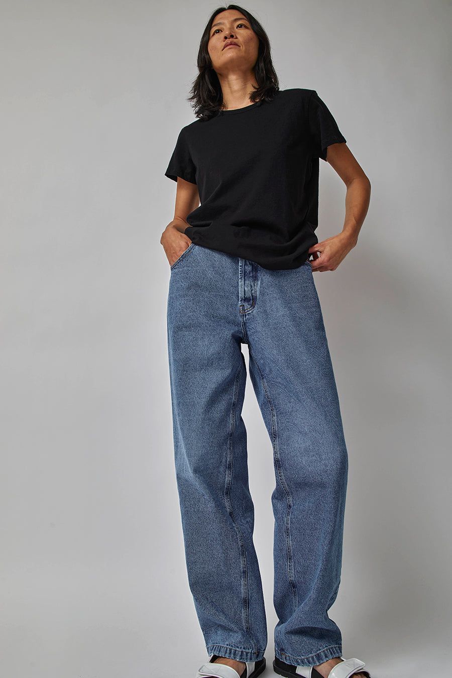 Sultan Wash Elastic Baggy Jeans in Medium Blue sold by No. 6
