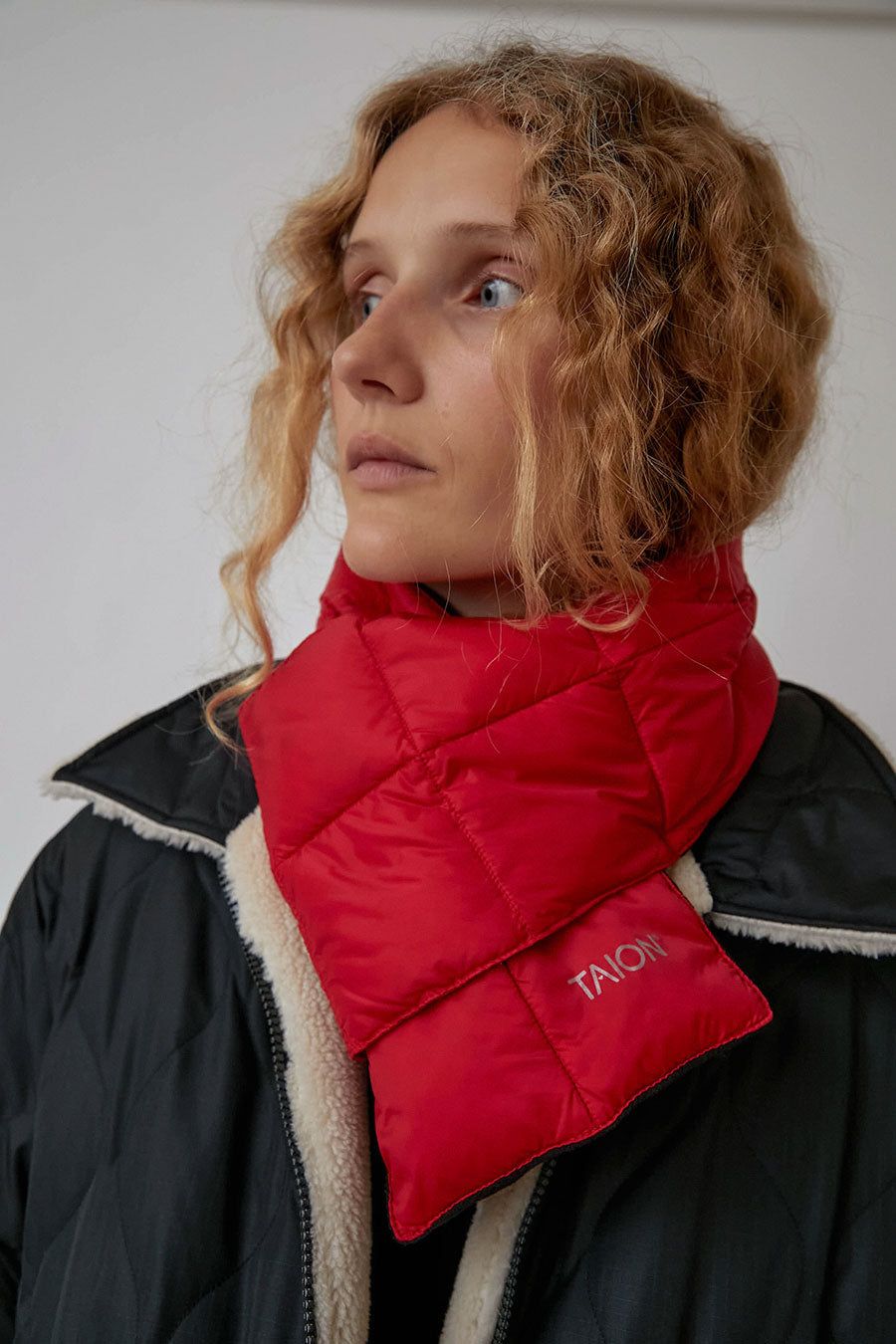 TAION Basic Down Scarf in Dark Red sold by No. 6
