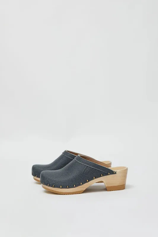 No.6 Old School Studded Clog on Mid Heel in Denim Printed Leather sold by No. 6