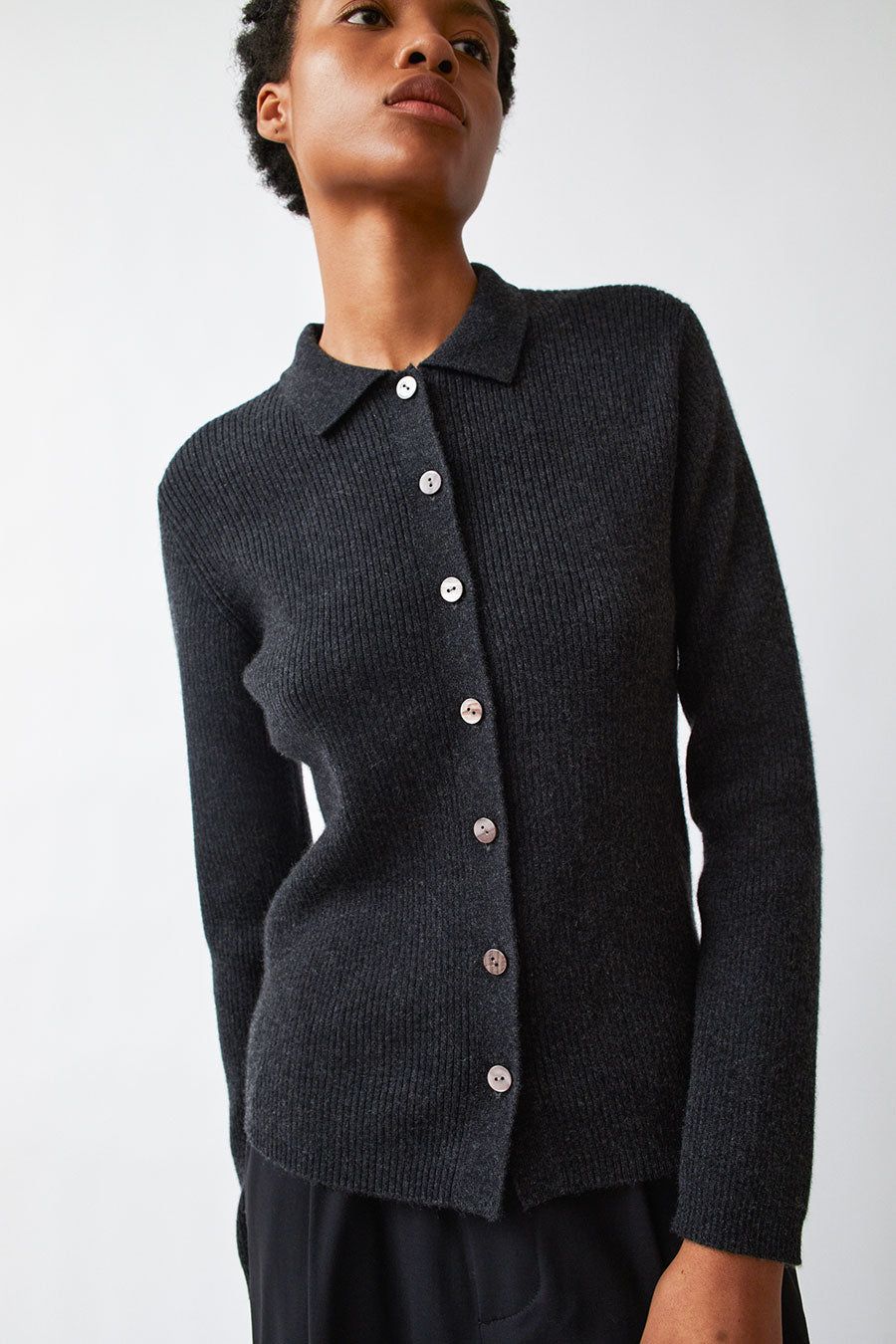 Modern Weaving Rib Collared Crop Cardigan in Black Melange sold by No. 6 product image thumbnail 2