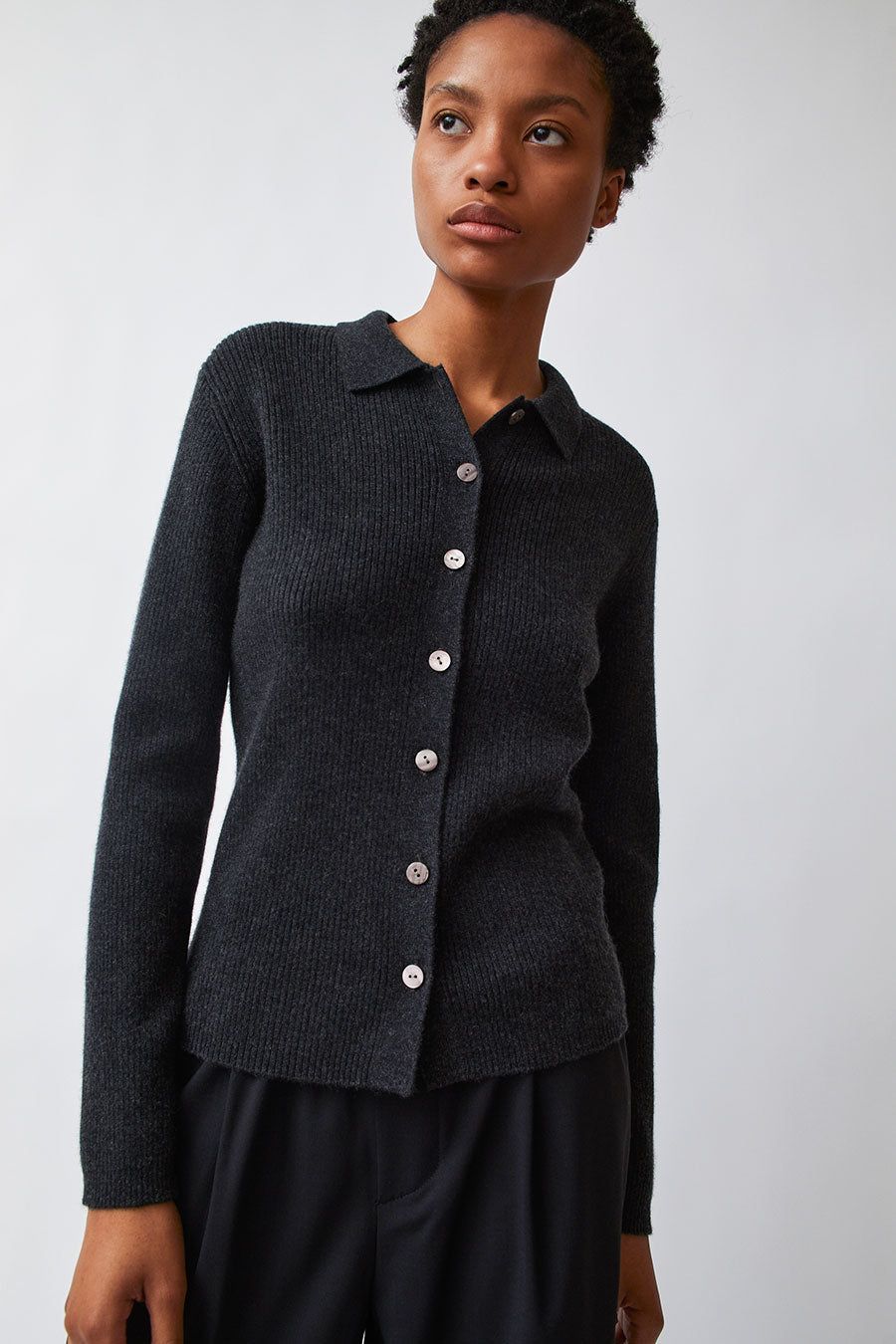 Modern Weaving Rib Collared Crop Cardigan in Black Melange sold by No. 6