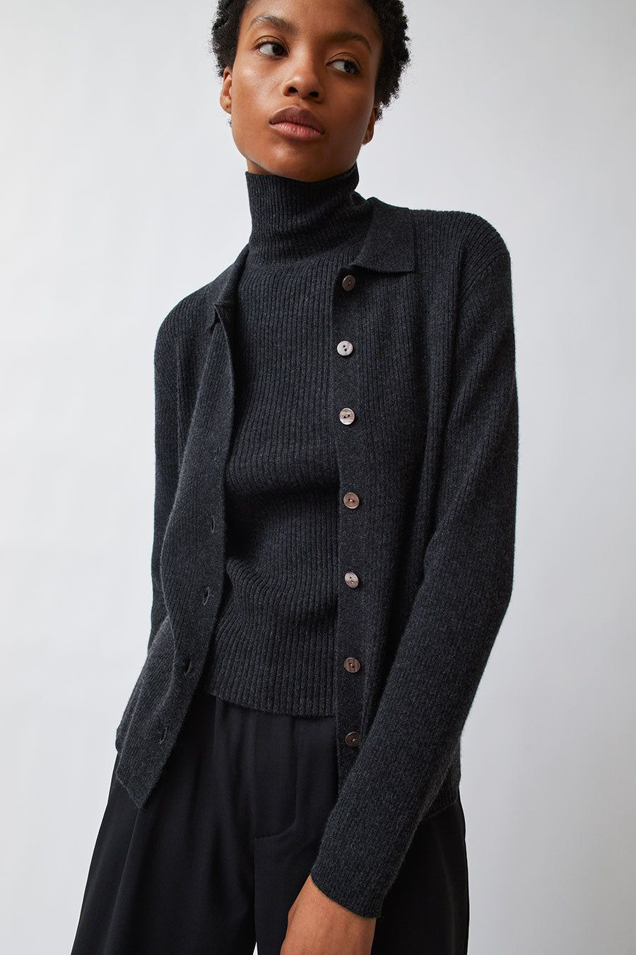 Modern Weaving Rib Collared Crop Cardigan in Black Melange sold by No. 6 product image thumbnail 3