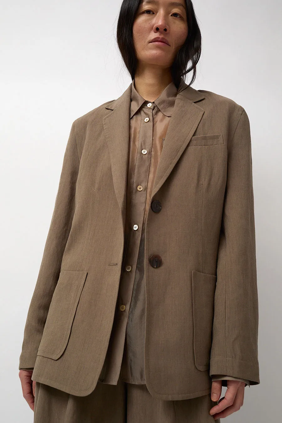 Mijeong Park Linen Blend Jacket in Dark Tan sold by No. 6