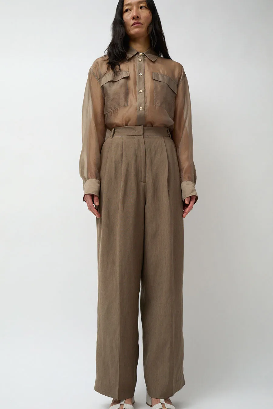 Mijeong Park Linen Blend Wide Leg Pants in Dark Tan sold by No. 6