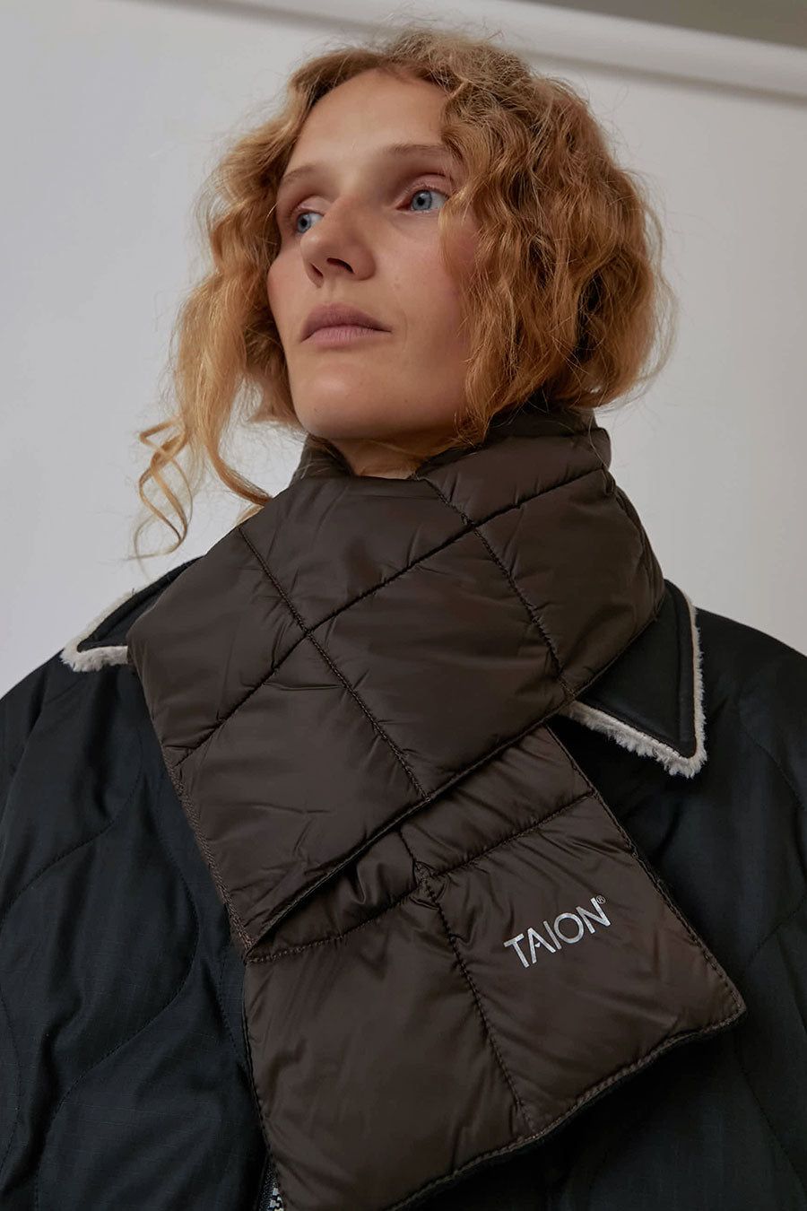 TAION Basic Down Scarf in Dark Brown sold by No. 6