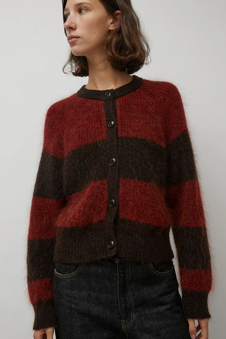 YMC Foxtail Stripe Cardigan in Red Brown sold by No. 6