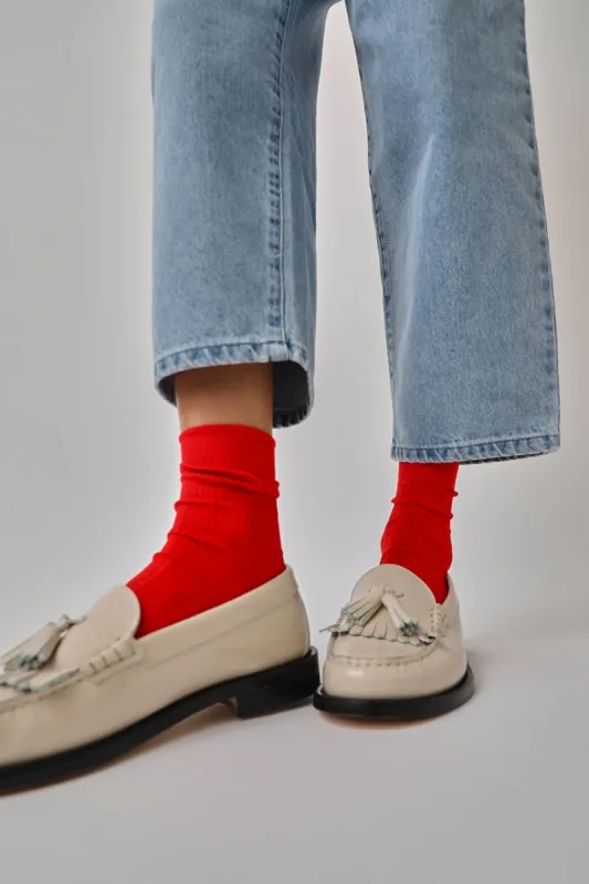 Maria La Rosa Silk Ribbed Ankle Socks in Rosso Lacca sold by No. 6