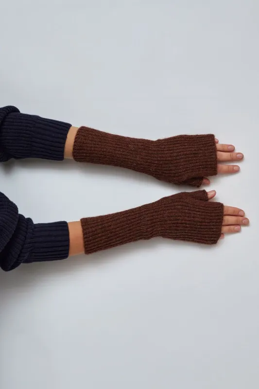 Karakoram Fingerless Arm Warmers in Dark Brown Melange made by No. 6