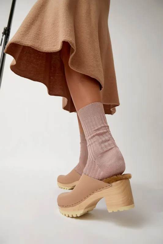 No.6 Liza Clog on Mid Tread in Camel with Copper Shearling sold by No. 6