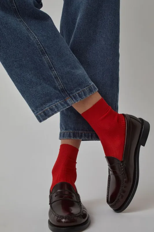 Maria La Rosa Ribbed Silk Ankle Socks in Rosso Lacca sold by No. 6