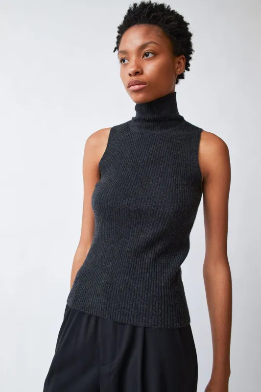 Modern Weaving Rib Sleeveless Mock Turtleneck in Black Melange made by No. 6