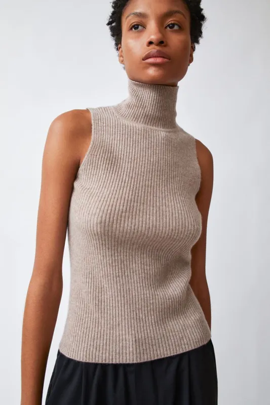 Modern Weaving Rib Sleeveless Mock Turtleneck in Taupe made by No. 6