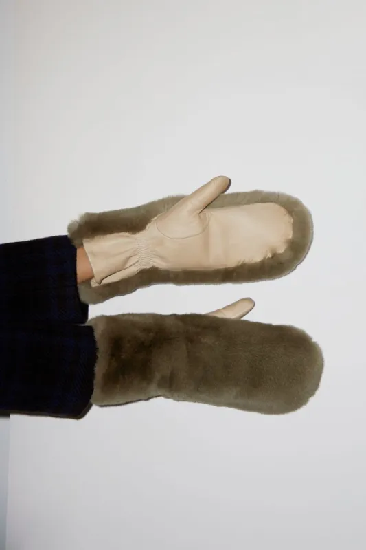 Imoni Tibet Calgan Rabbit Mitten in Khaki and Parchment made by No. 6
