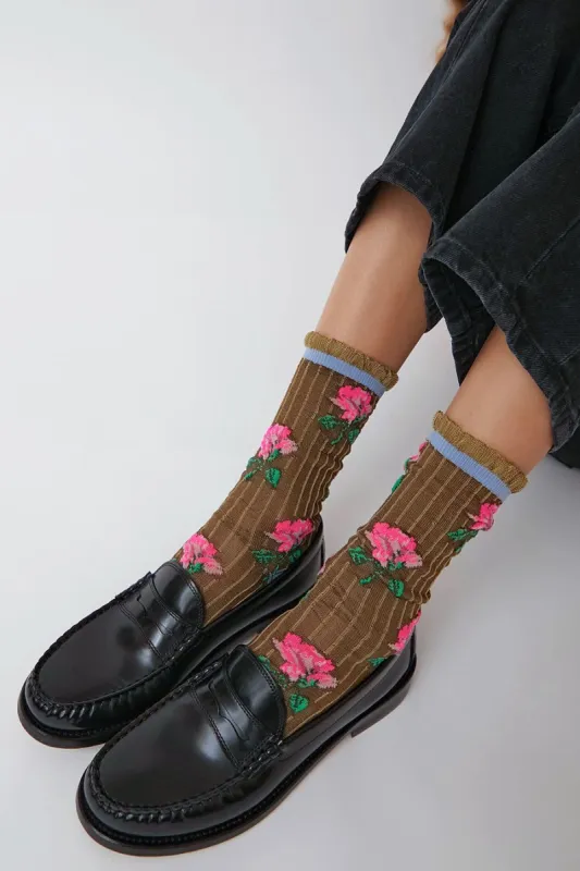 Exquisite J Short Flower Socks in Pink Flowers sold by No. 6