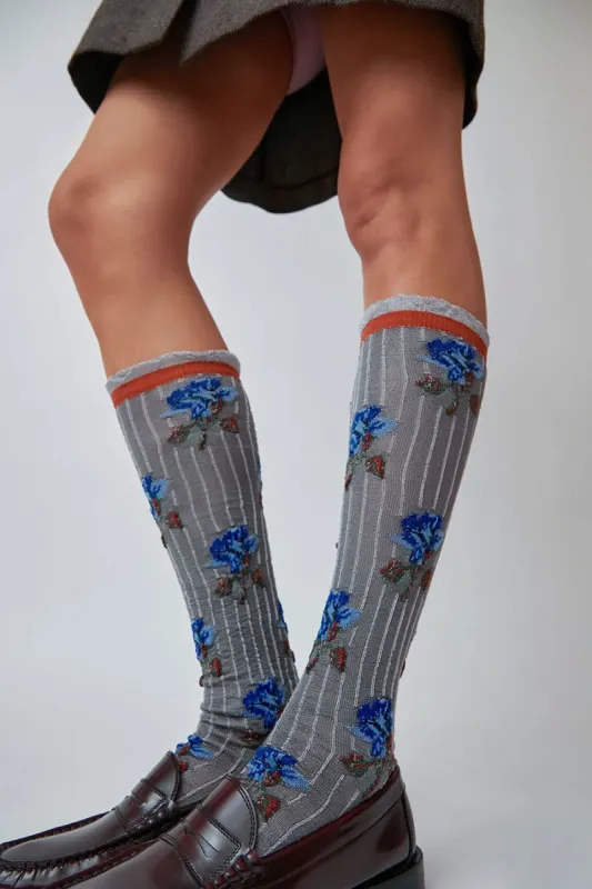 Exquisite J Tall Flower Socks in Blue Flowers sold by No. 6