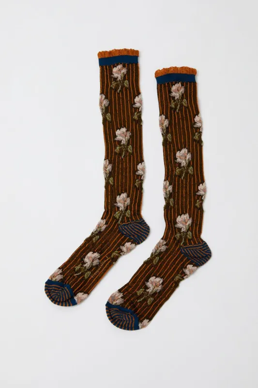 Exquisite J Tall Flower Socks in Cream Flowers sold by No. 6