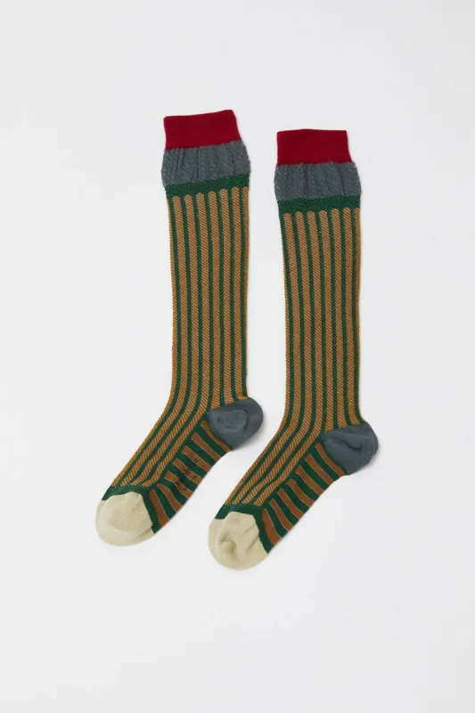 Exquisite J Tall Stripe Socks in Green and Khaki sold by No. 6