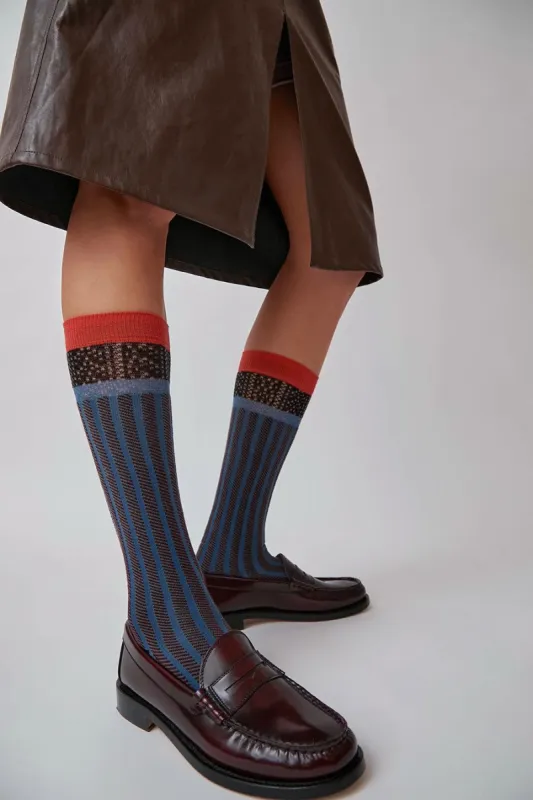 Exquisite J Tall Stripe Socks in Blue and Plum sold by No. 6