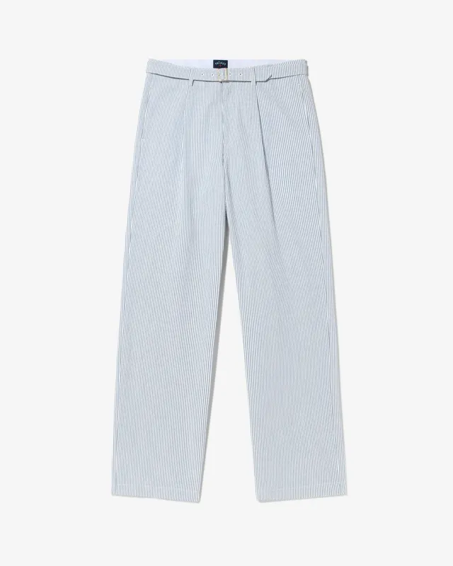 Seersucker Belted Single-Pleat Trousers sold by Noah NYC