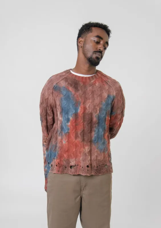 Tie-dye Cable Knit Sweater Rust Brown/Blue KNIT000010 sold by Nomad