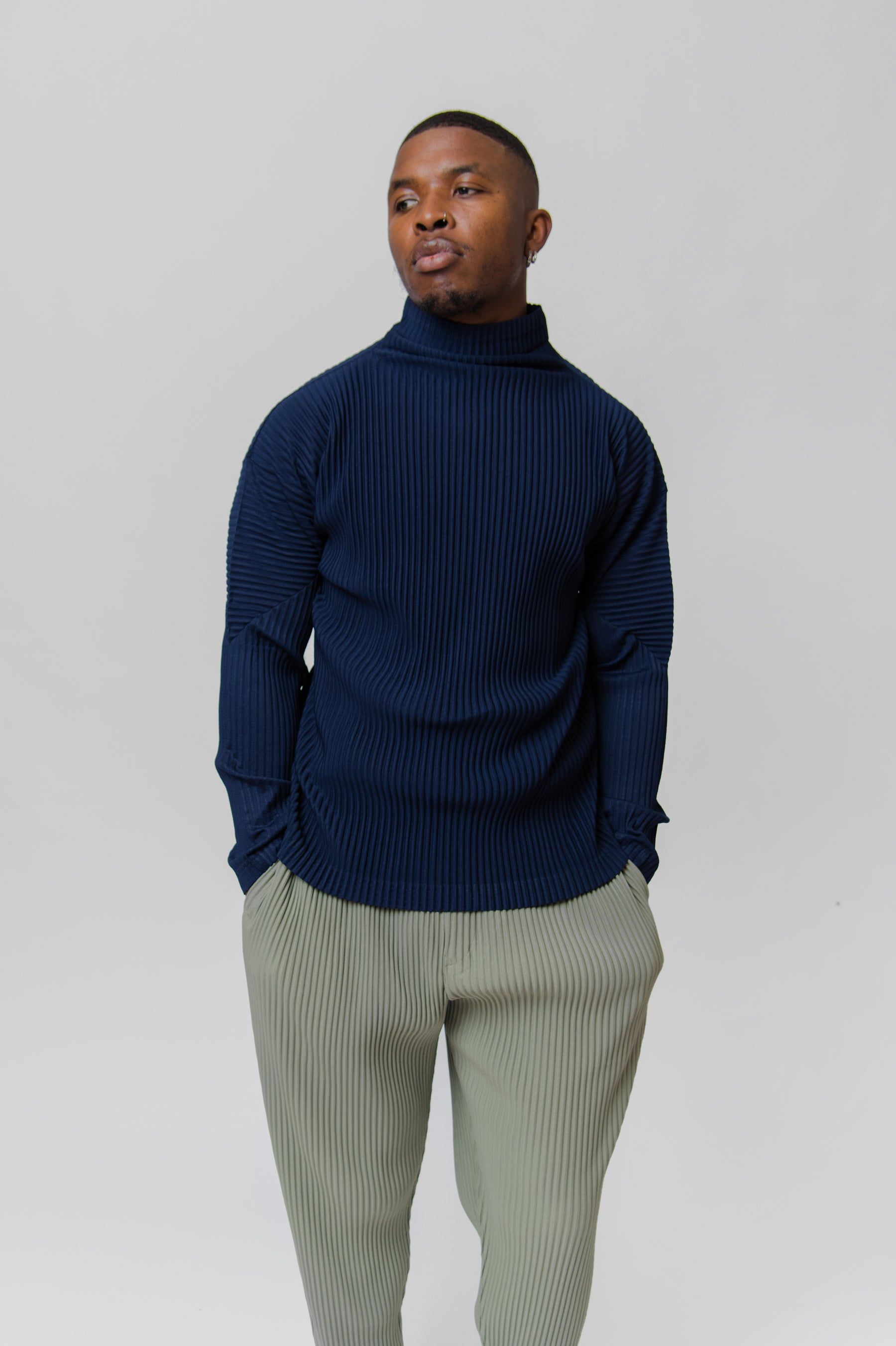 MC December Pleated High Neck Sweater Nocturne Navy JK128-77 sold by Nomad