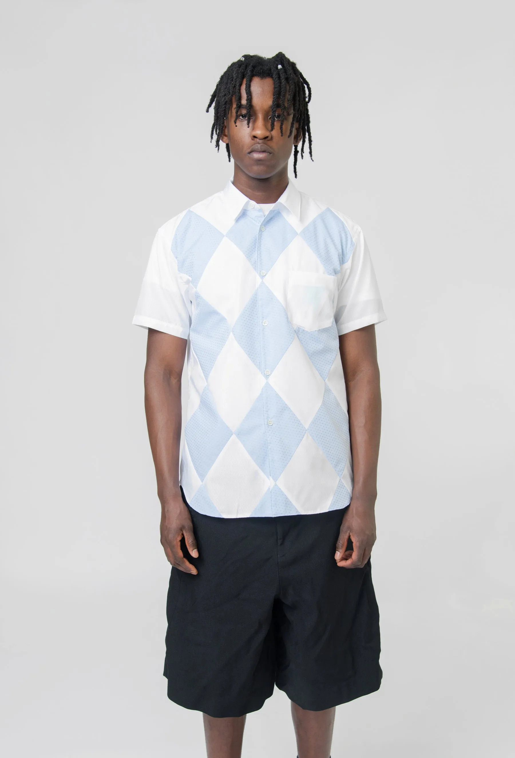 Dot/Diamond Pattern Short Sleeve Button Up Shirt White/Blue FM-B051-S24-1 sold by Nomad