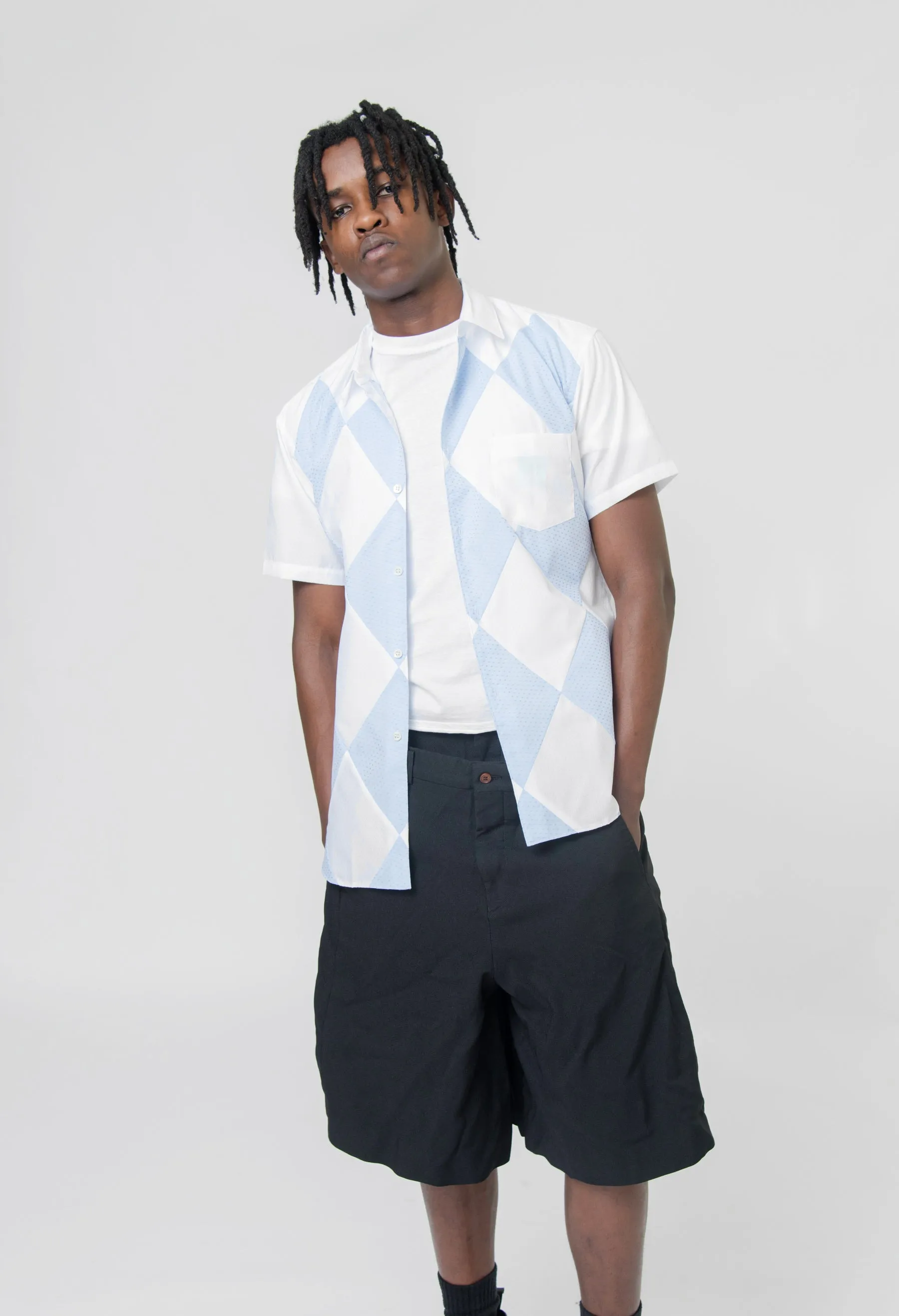 Dot/Diamond Pattern Short Sleeve Button Up Shirt White/Blue FM-B051-S24-1 sold by Nomad product image thumbnail 3